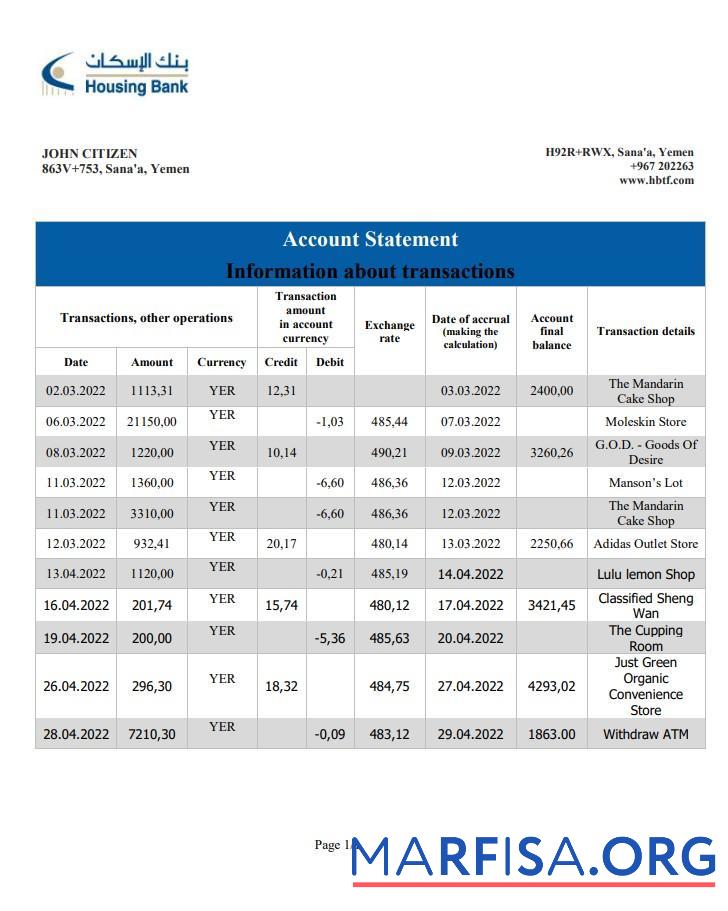 Realistic Yemen Housing bank statement word template